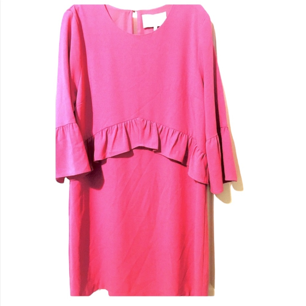 Candy pink dress women’s ruffle tunic work dress bracelet length sleeve L